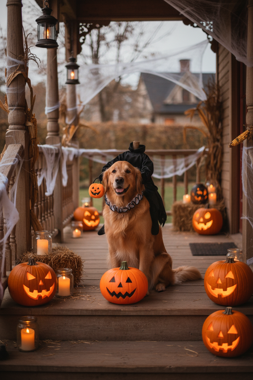 Dog wearing headless rider Halloween costume with pumpkin prop on decorated front porch