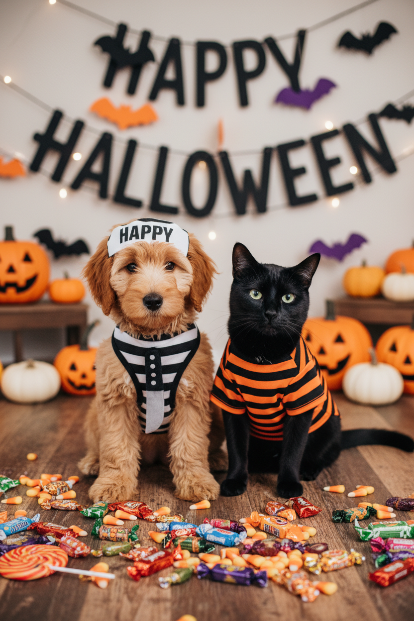 Dog and cat wearing Halloween prisoner harness costumes with fake knife prop surrounded by candy and pumpkins