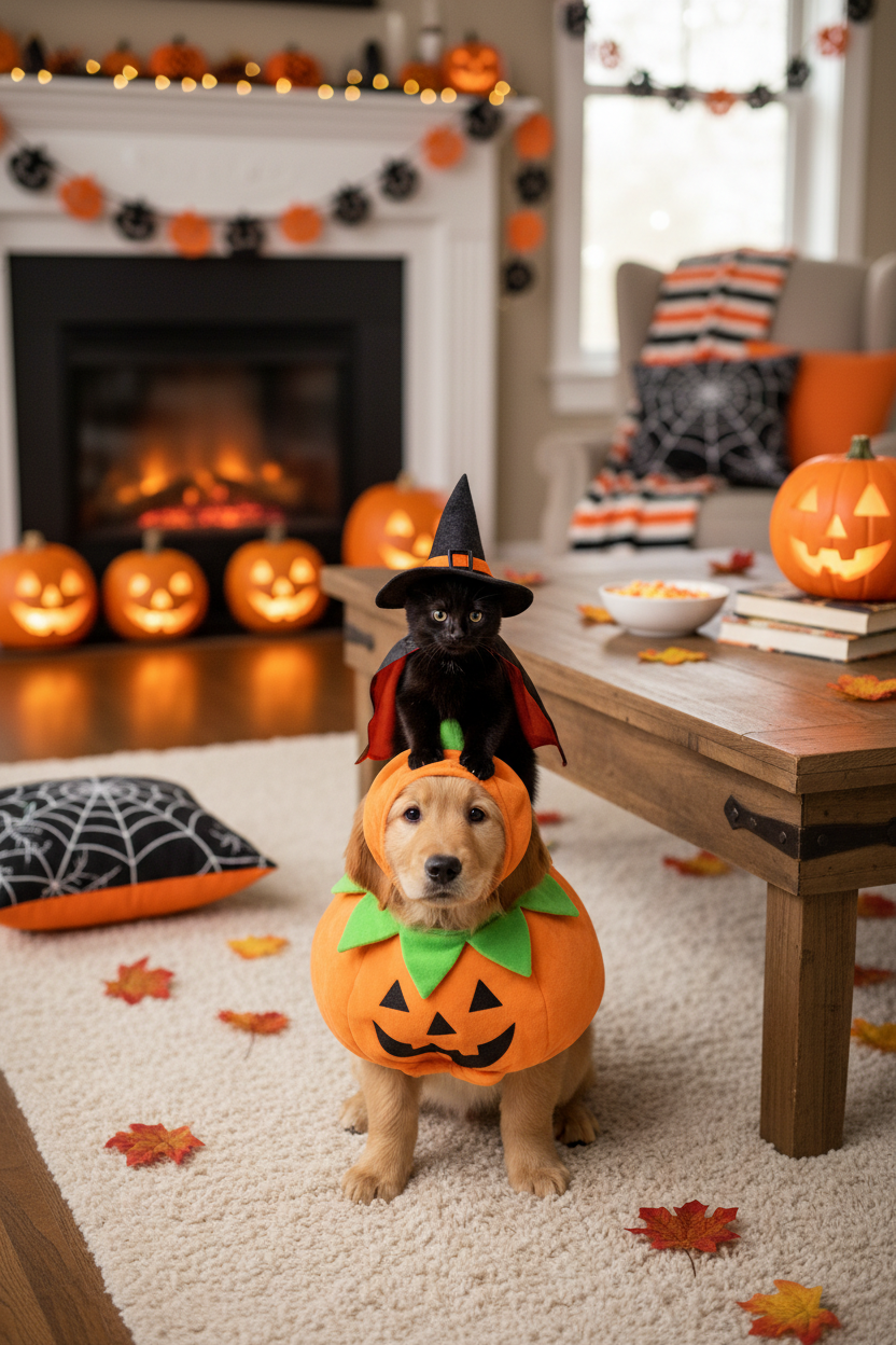 Dog wearing pumpkin Halloween costume with black cat rider in cozy autumn living room setting