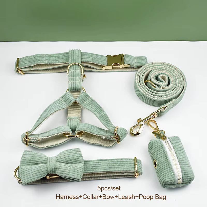 Sage Corduroy Dog Matching Set | Personalized Collar, Harness, Leash & Bowtie
