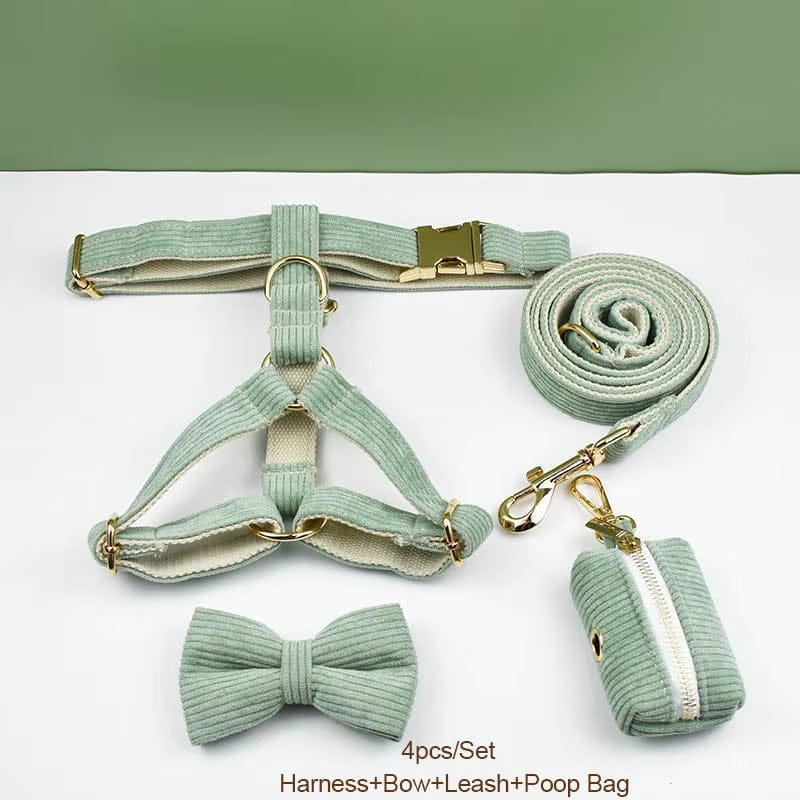 Sage Corduroy Dog Matching Set | Personalized Collar, Harness, Leash & Bowtie