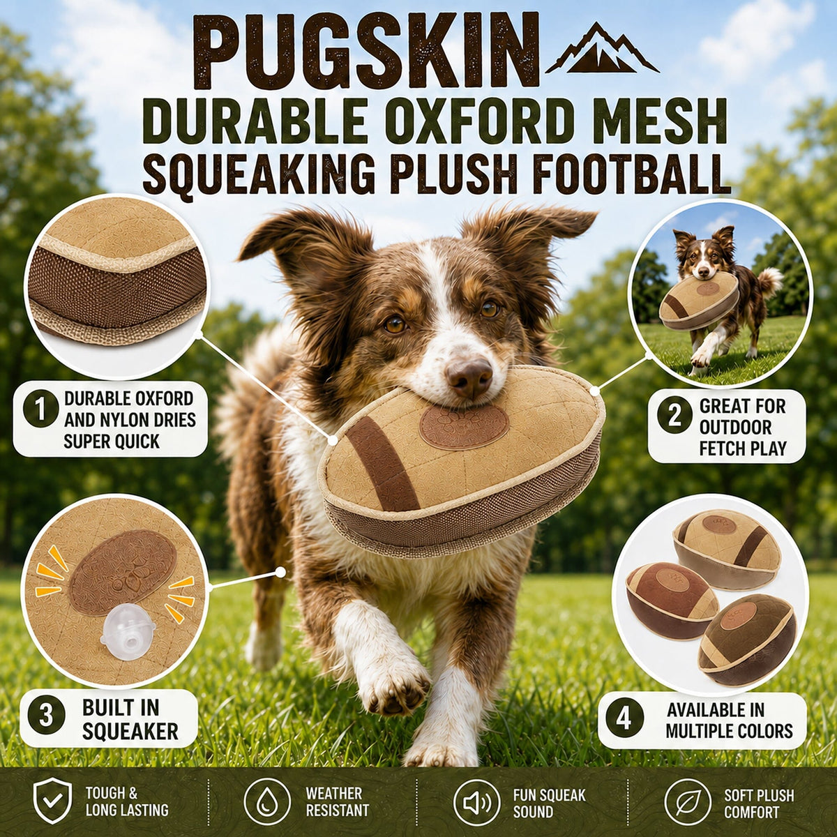 Pugskin Plush Squeaky Football Dog Toy