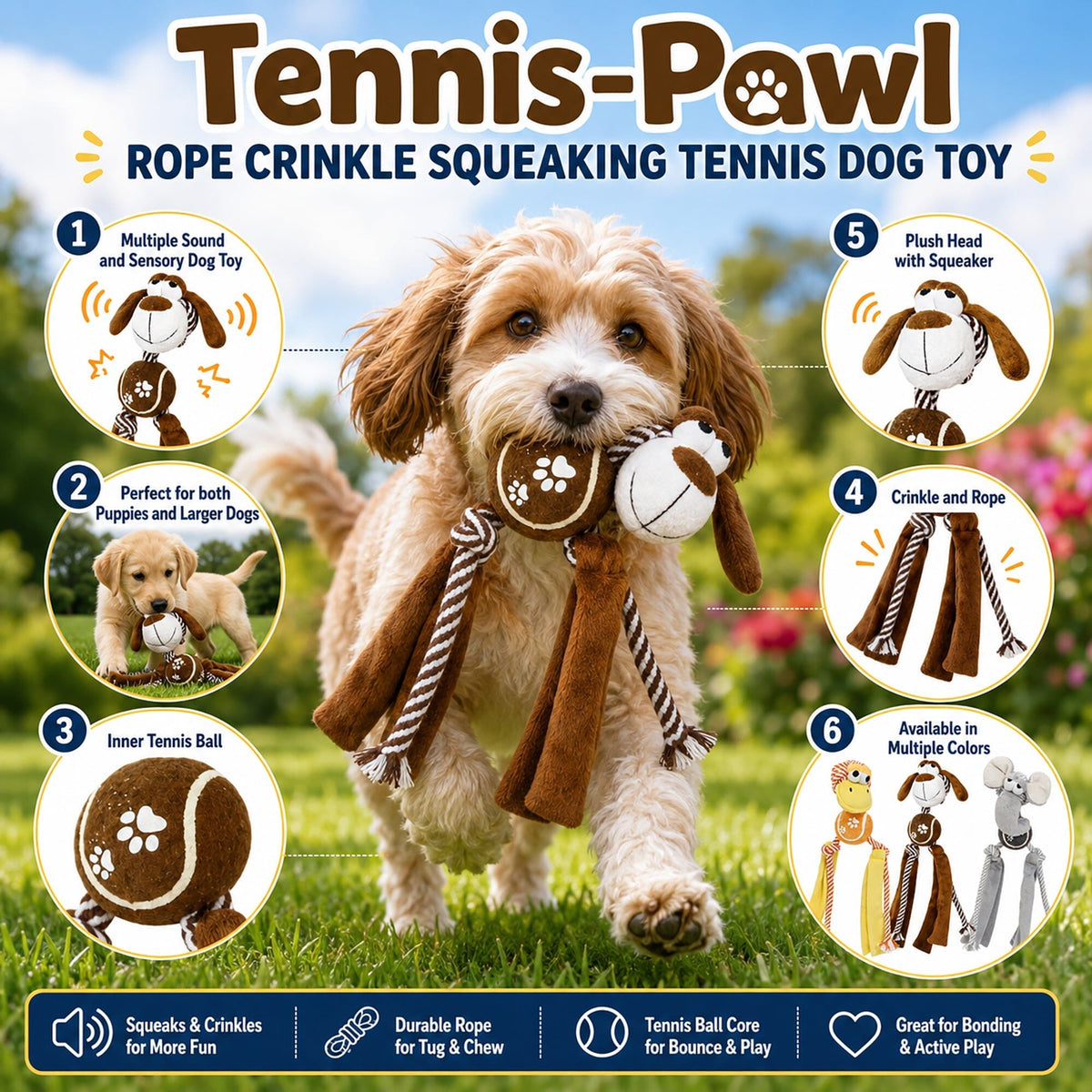 Pet Life Tennis Pawl Rope Squeaker & Crinkle Dog Toy